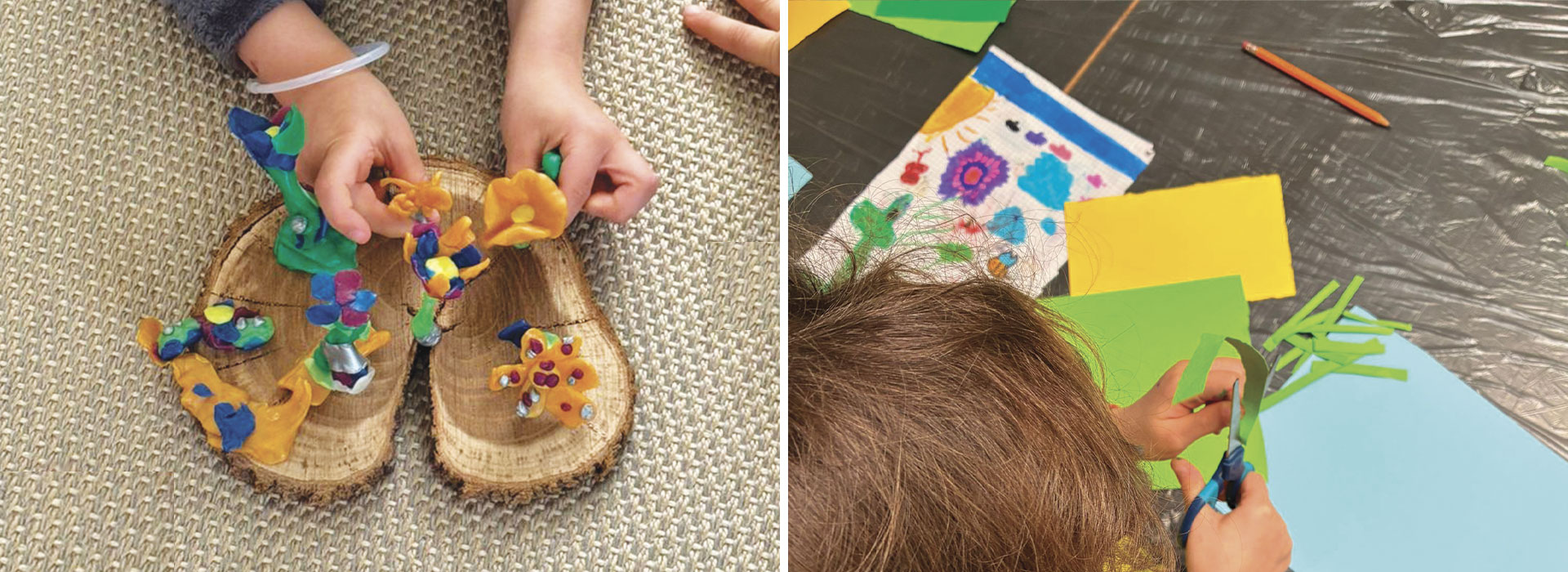 Laboratori creativi del Progetto Api Mellifere: bambini di Associazione CAF realizzano lavoretti manuali con cartoncini e fiori modellati su legno.