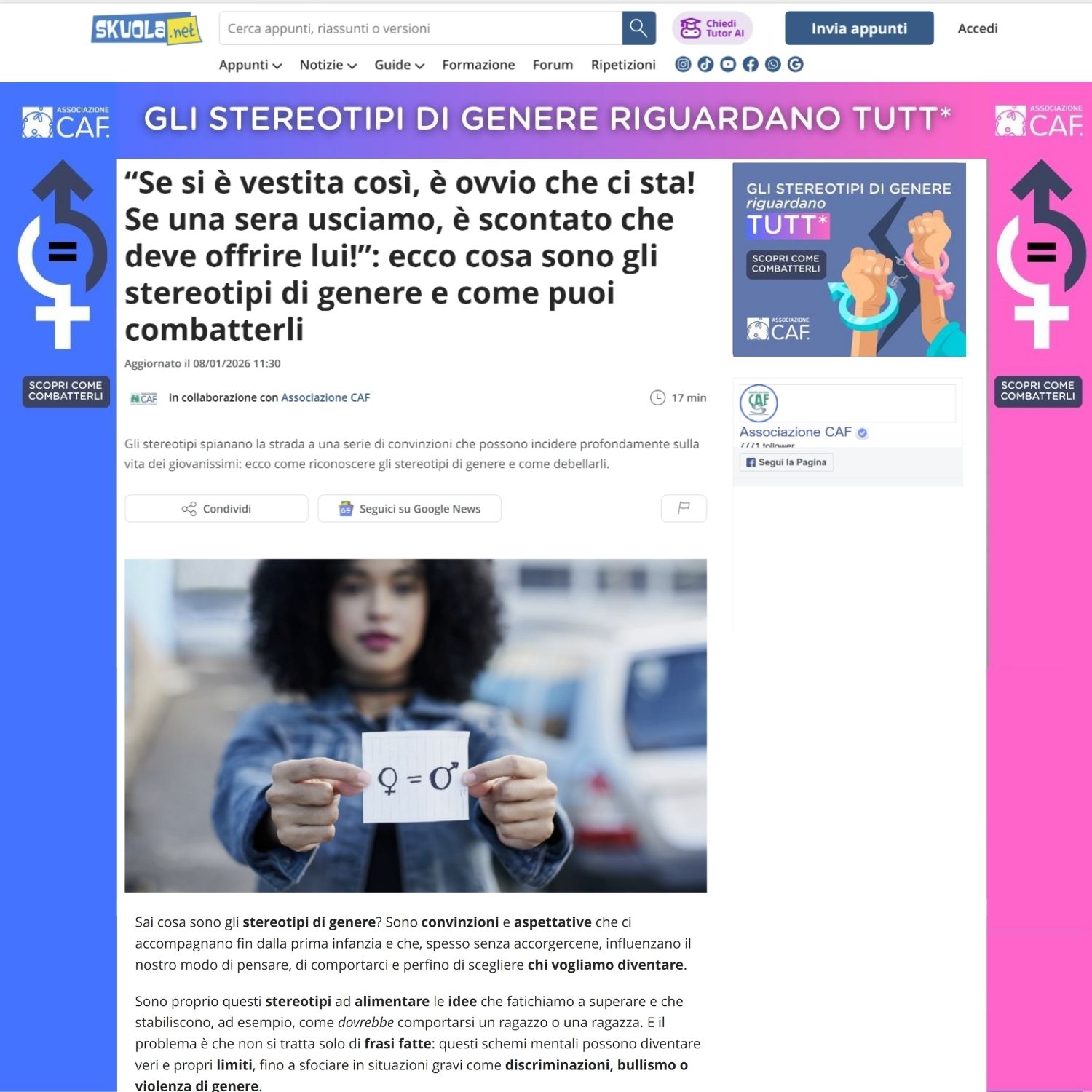 screenshot native post su Skuola.net - Prevenzione della violenza di genere - Associazione CAF